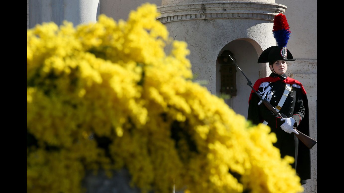 A member of the Italian special police known as the Carabinieri stands at attention during an event in Rome.