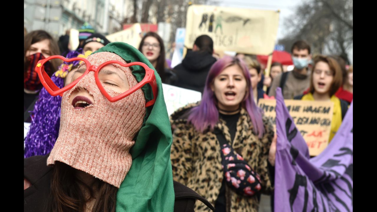 Women shout slogans during a march in Kiev, Ukraine.