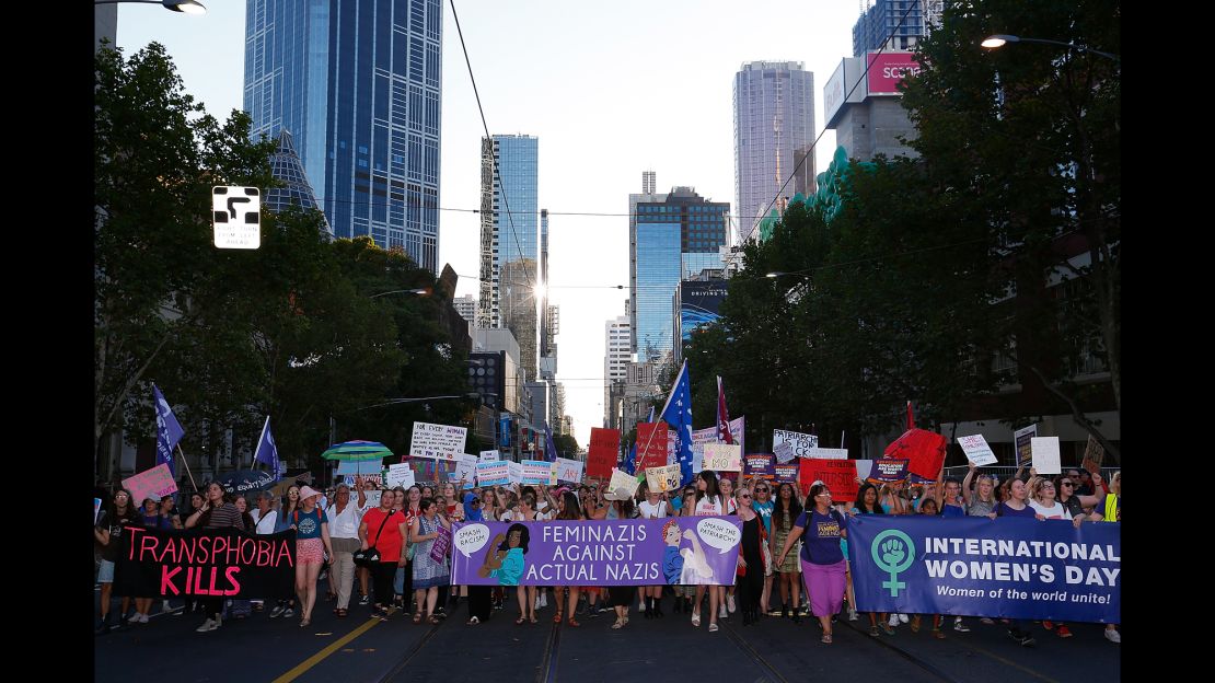 Women in Australia participate in a rally for International Women's Day on March 8, 2017.