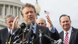 Sen. Rand Paul (R-KY) (C) speaks about Obamacare repeal and replacement while flanked by Sen. Mike Lee (R-UT) (R), and  Rep. Mark Meadows (R-NC) (L) during a news conference on Capitol Hill, on March 7, 2017 in Washington, DC. 