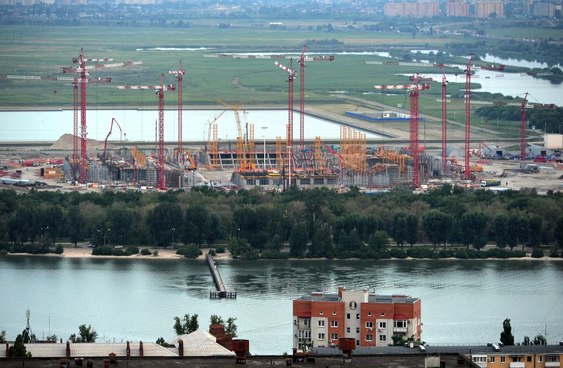 Cranes are seen at the construction site of the new football stadium in Rostov-on-Don on July 14, 2015. 