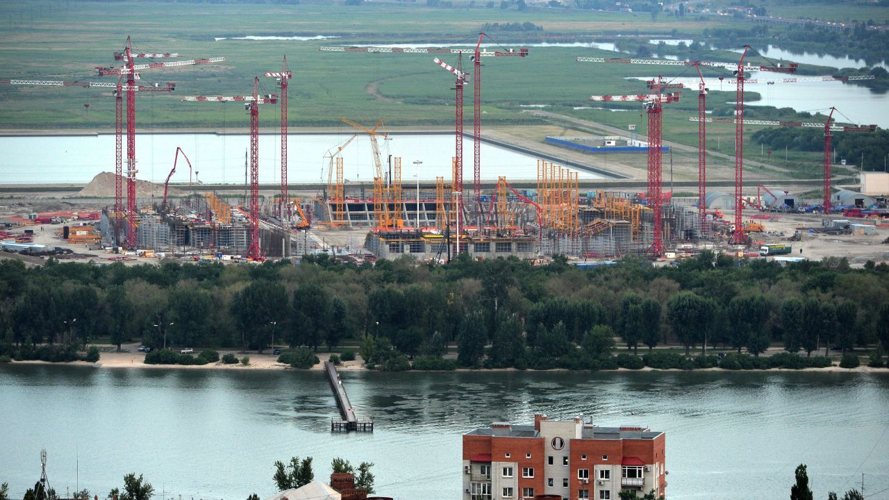 Cranes are seen at the construction site of the new football stadium in Rostov-on-Don on July 14, 2015.