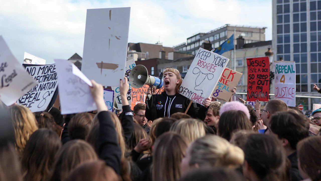 Women and abortion rights activists protest in Dublin on Wednesday.