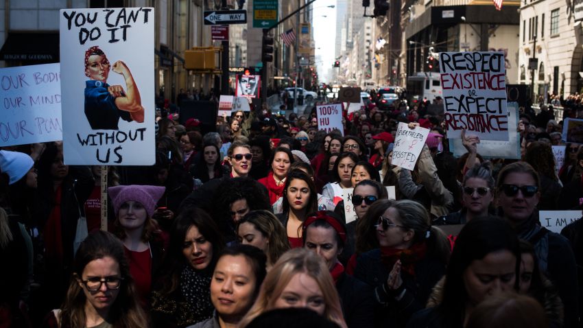 A crowd, largely of women, fills a barricaded space along 5th Avenue during an International Women's Day rally and march in New York, NY on March 8, 2017. CREDIT: Mark Kauzlarich for CNN