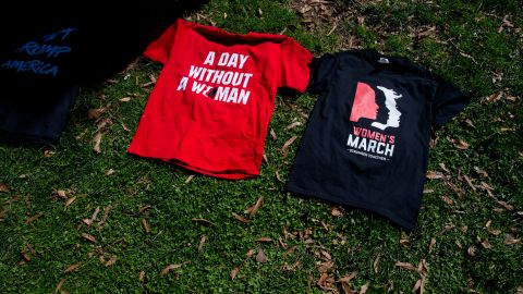 Commemorative T-shirts are displayed in Washington. In the United States, women were encouraged to take the day off from paid and unpaid labor in a strike billed as "A Day Without a Woman."
