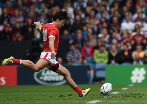 Goalkicking is one part of his game. Pictured at the 2015 Rugby World Cup, he has landed 274 conversions in sevens matches.