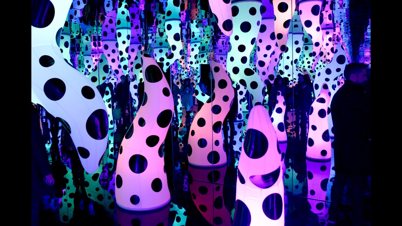 Obsessive themes are dominant in her work, and her installations, such as the one shown here, often feature endless dots.