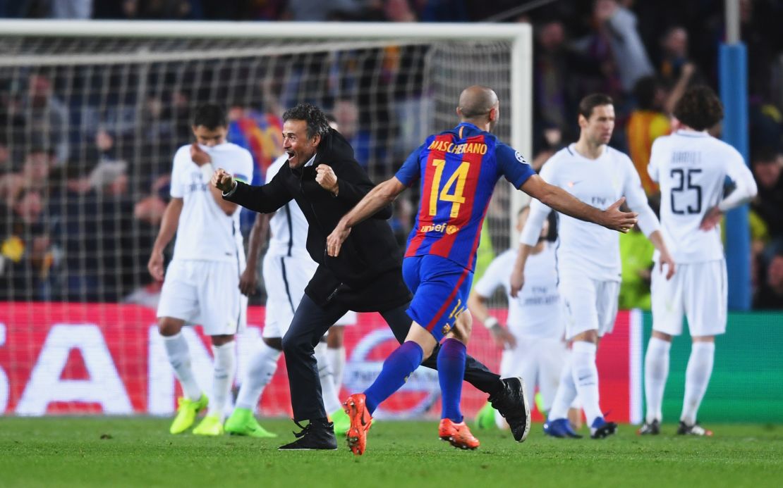 PSG players look dejected as Barca's coach Luis Enrique celebrates with Javier Mascherano.