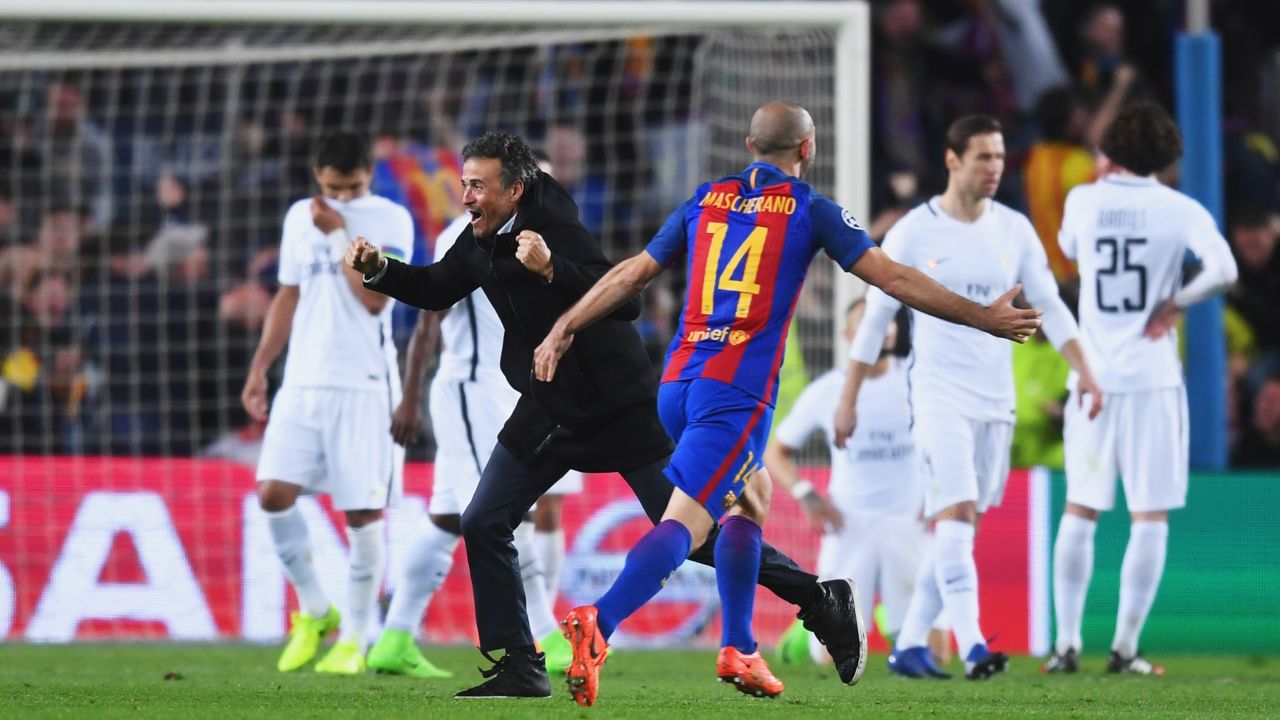 PSG players look dejected as Barca's coach Luis Enrique celebrates with Javier Mascherano.