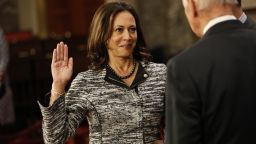 WASHINGTON, DC - JANUARY 3: U.S. Sen. Kamala Harris (D-CA) participates in a reenacted swearing-in with U.S. Vice President Joe Biden in the Old Senate Chamber at the U.S. Capitol January 3, 2017 in Washington, DC. Earlier in the day Biden swore in the newly elected and returning members on the Senate floor. (Photo by Aaron P. Bernstein/Getty Images)