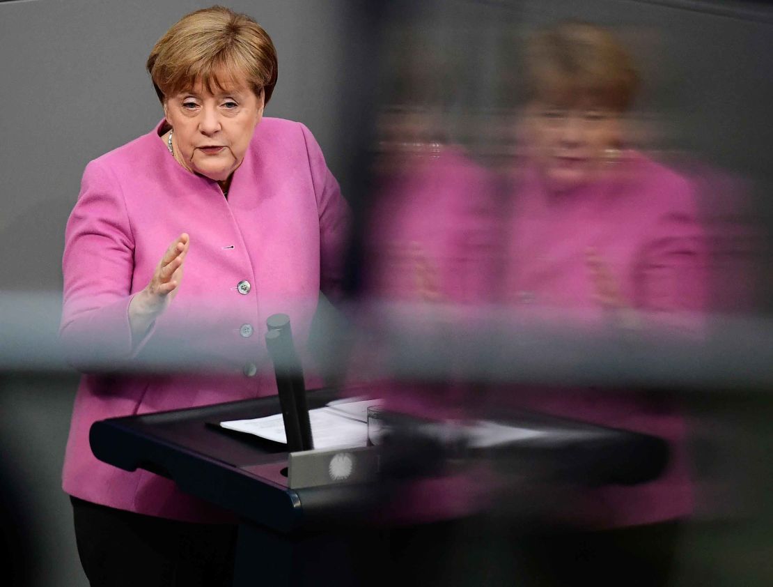 German Chancellor Angela Merkel speaks in the German lower house of parliament Thursday.