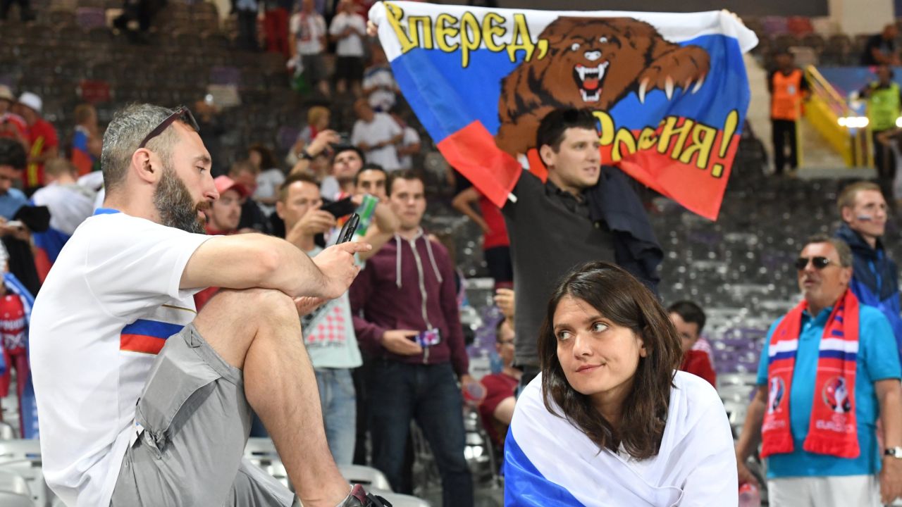 Russia fans look dejected after Russia's 3-0 loss to Wales in a Euro 2016 Group B match. 