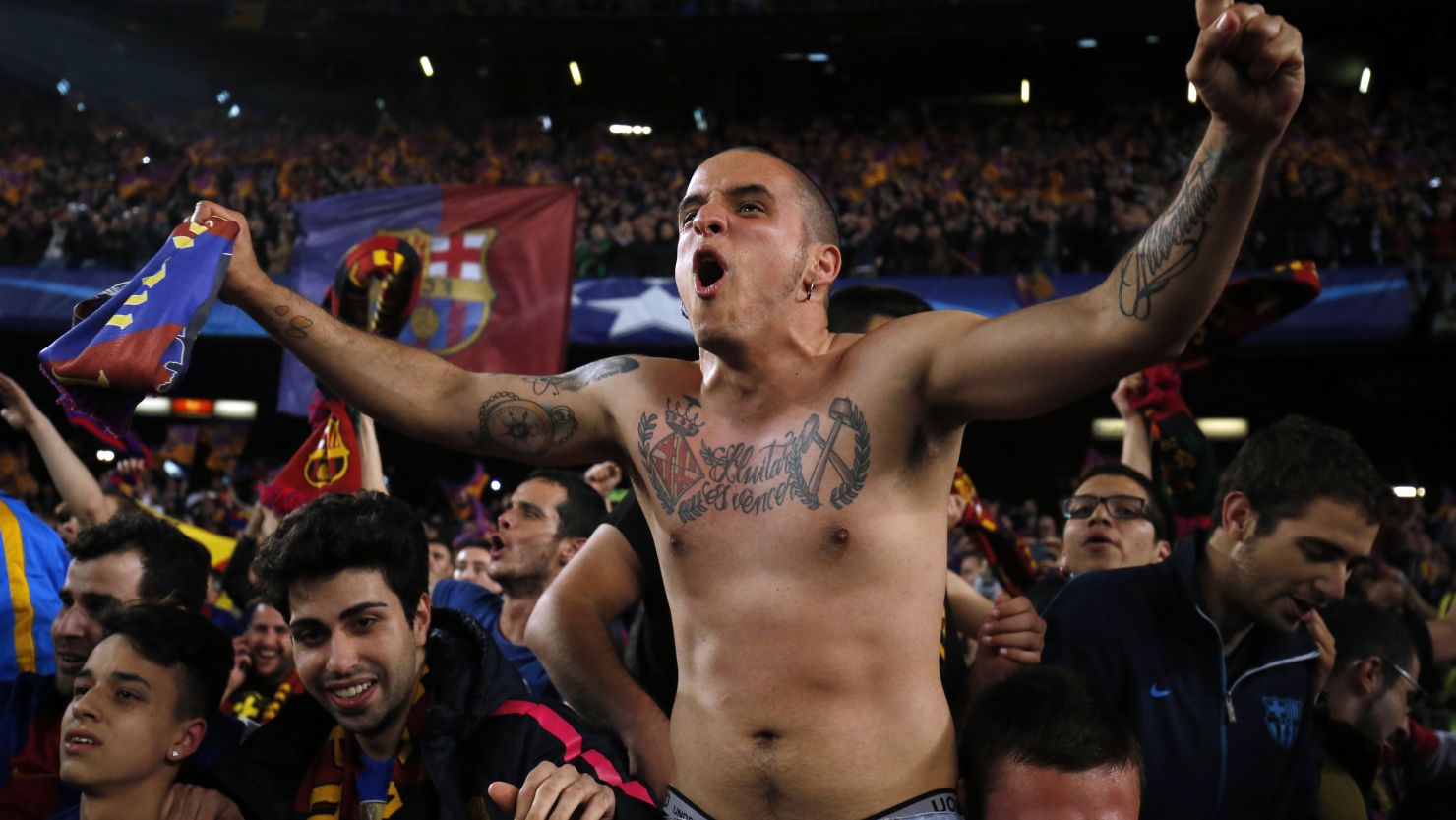 Barcelona fans celebrate the club's momentous victory over PSG at the Camp Nou stadium, March 8, 2017.