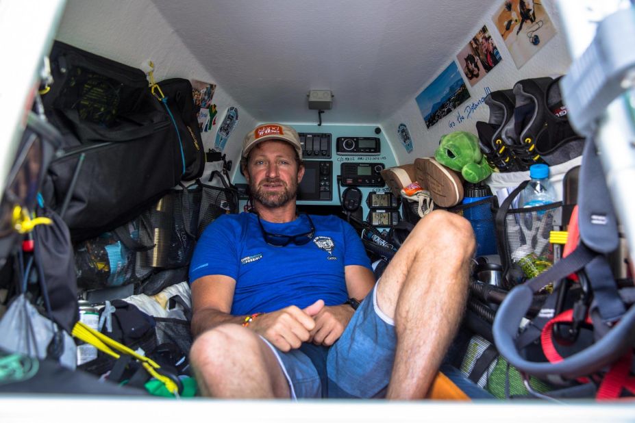 The cabin of Bertish's custom-made paddle board was packed with navigation equipment and supplies for the 93-day crossing.