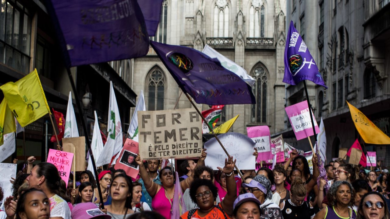 Several feminist groups protest against the Michel Temer government during a march on Women's Day on March 8, 2017 in Sao Paulo, Brazil.  