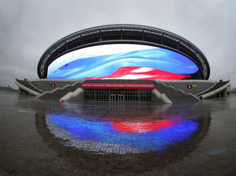 Designed by the same firm of architects as Wembley and Arsenal's Emirates Stadium, Kazan Arena was constructed to blend seamlessly into the surrounding landscape. Viewed from above, it is said to resemble a water-lily on the banks of the adjacent Kazanka river. The front of the stadium is dominated by a high definition screen with a total area of 3,700 meters -- the largest of its kind in the world. 