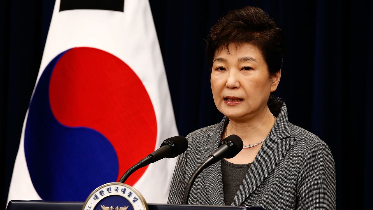 SEOUL, SOUTH KOREA - NOVEMBER 29:  South Korean President Park Geun-Hye makes a speech during an address to the nation, at the presidential Blue House in Seoul on November 29, 2016. South Korea's scandal-hit President Park Geun-Hye said Tuesday she was willing to stand down early and would let parliament decide on her fate.  (Photo by Jeon Heon-Kyun-Pool/Getty Images)