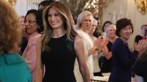 First lady Melania Trump arrives at a luncheon she was hosting to mark International Women's Day in the State Dining Room at the White House March 8, 2017 in Washington, DC. (Photo by Mark Wilson/Getty Images)