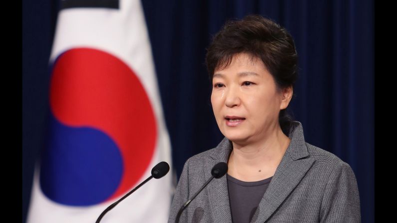 Park sheds tears as she addresses the nation on the <a href="index.php?page=&url=http%3A%2F%2Fwww.cnn.com%2F2016%2F04%2F14%2Fasia%2Fsewol-recovery-plan%2F">Sewol ferry disaster</a> in May 2014. Park was criticized for her handling of the tragedy as it became apparent during the investigation that the ferry's sinking was a man-made disaster.
