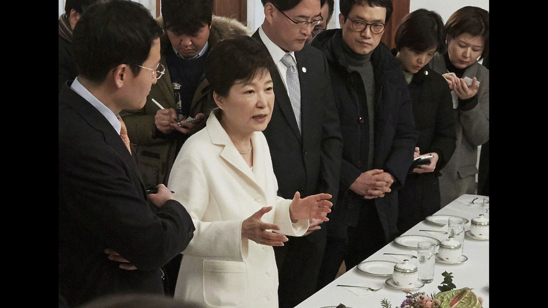 Park speaks to a select group of reporters at the Blue House in January. Park rejected accusations of corruption and refused to step down.