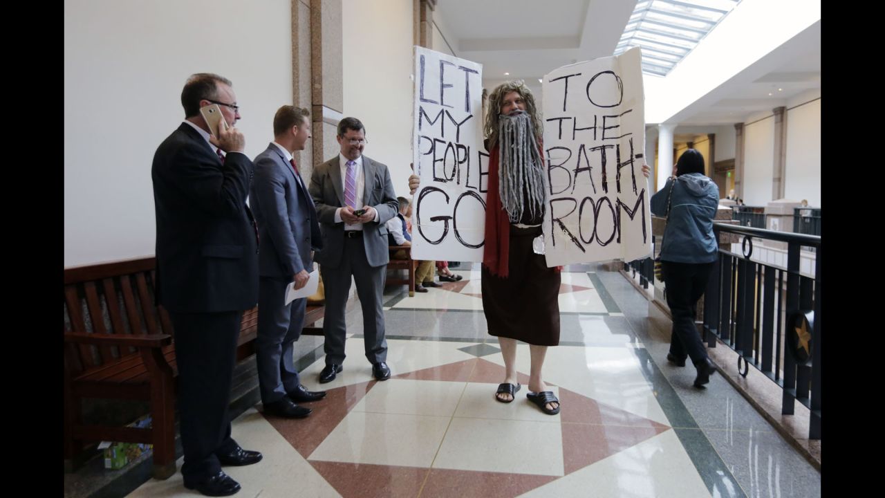 John Erler protests at the Texas state capitol on Tuesday, March 7, as a state Senate committee <a href="http://www.cnn.com/2017/03/08/politics/texas-bathroom-bill/" target="_blank">began hearings about Senate Bill 6,</a> legislation that would require all Texans to use the bathroom that corresponds to the sex on their birth certificates when they're in public schools and government-funded buildings. Critics argue the bill unfairly discriminates against transgender people. Supporters say the bill would protect women and children and give them privacy and that it isn't intended to target any group.