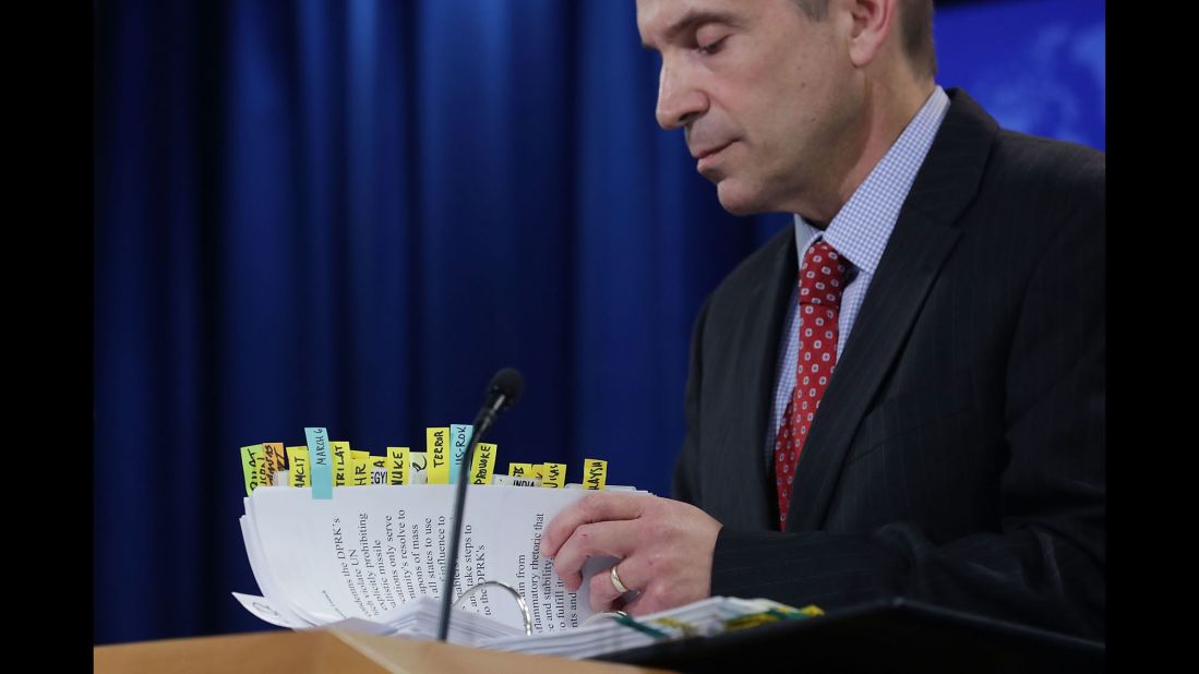 Mark Toner, acting spokesman of the US State Department, thumbs through notes during a press briefing in Washington on Tuesday, March 7. It was the State Department's <a href="http://www.cnn.com/2017/03/07/politics/state-department-briefings-resume/" target="_blank">first press briefing since President Trump took office.</a> The news conference lasted just over an hour and included pointed questions on North Korea's recent missile launch, the administration's updated travel ban and Secretary Rex Tillerson's upcoming travel to Asia.