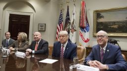 US President Donald Trump holds a meeting with US House Committee Chairmen, including Representative Diane Black (2nd L), Republican of Tennessee and House Budget Committee Chairwoman; Representative Kevin Brady (C), Republican of Texas and House Ways and Means Committee Chairman; and Representative Greg Walden (R), Republican of Washington and House Energy and Commerce Committee Chairman, as they meet about healthcare reform in the Roosevelt Room of the White House in Washington, DC, March 10, 2017.