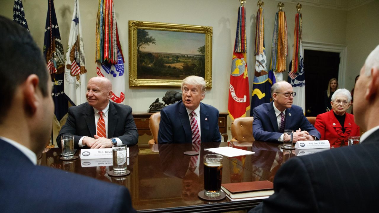 President Donald Trump speaks during a meeting on healthcare, Friday, March 10, 2017, in the Roosevelt Room of the White House in Washington. From left are, House Ways and Means Committee Chairman Rep. Kevin Brady, R-Texas, Trump, House Energy and Commerce Committee Chairman Rep. Greg Walden, R-Org., and House Education and Workforce Committee Chairwoman Rep. Virginia Foxx, R-N.C. (AP Photo/Evan Vucci)