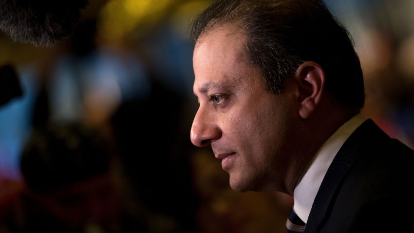 Preet Bharara, U.S. Attorney for the Southern District of New York, speaks briefly to reporters at Trump Tower, November 30, 2016 in New York City.