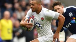 England's centre Jonathan Joseph  runs to score his team's second try during the Six Nations international rugby union match between England and Scotland at Twickenham stadium in south west London on March 11, 2017. / AFP PHOTO / Ben STANSALL        (Photo credit should read BEN STANSALL/AFP/Getty Images)