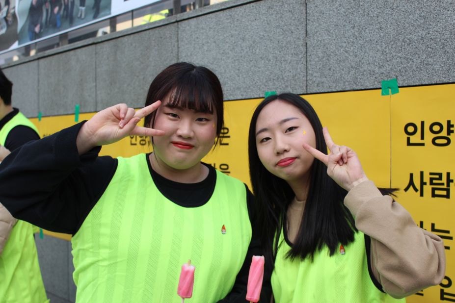 "Today feels like a festival, everyone is happy," said Mun Ha-neul (left) and Park Hyun-jin (right), both 17, who were celebrating Park's ouster.
