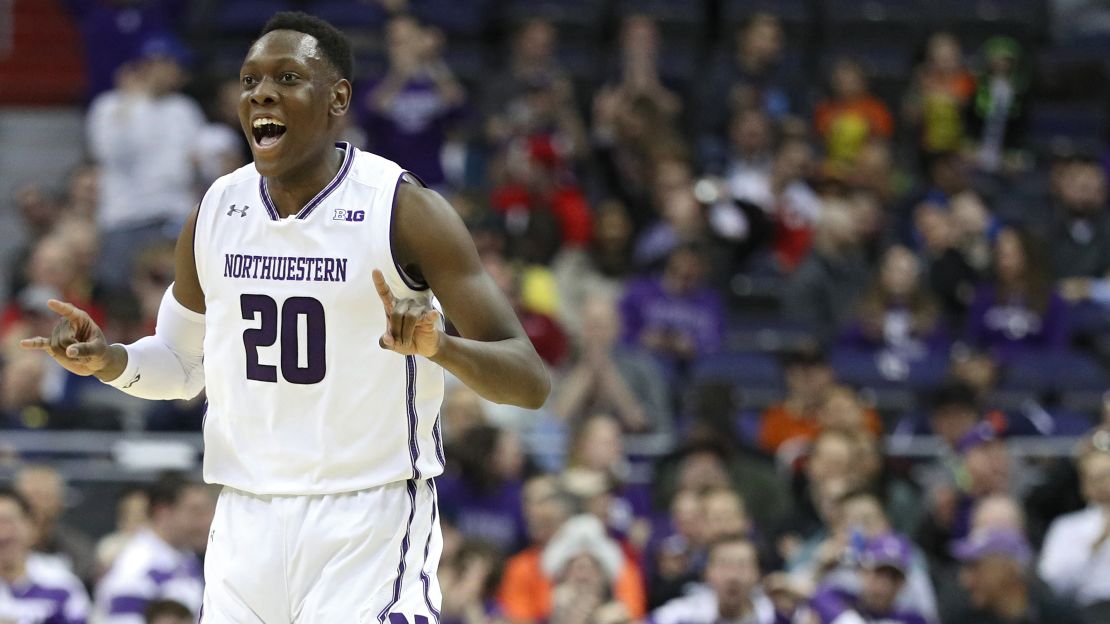 Northwestern junior guard Scottie Lindsey celebrates during the Wildcats' game against Rutgers in the second round of the Big Ten Basketball tournament at the Verizon Center in Washington, DC.