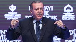 Turkish President Recep Tayyip Erdogan gestures as he speaks in Istanbul on March 12, 2017.
Turkey's President Recep Tayyip Erdogan on March 12 threatened that the Netherlands would "pay a price" after expelling a Turkish minister from the country. / AFP PHOTO / OZAN KOSE        (Photo credit should read OZAN KOSE/AFP/Getty Images)