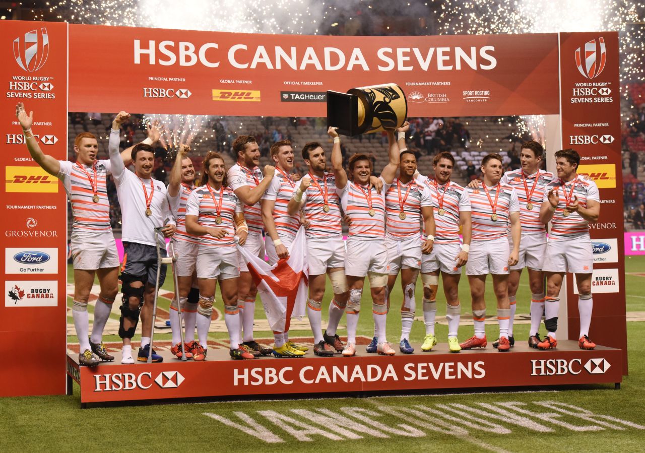 England climbed to second in the rugby sevens world series with victory over South Africa in Vancouver.