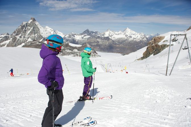 Zermatt's summer skiing takes place on the Theodul glacier under the watchful eye of the majestic Matterhorn. It is a favorite of race-training camps and international ski teams.