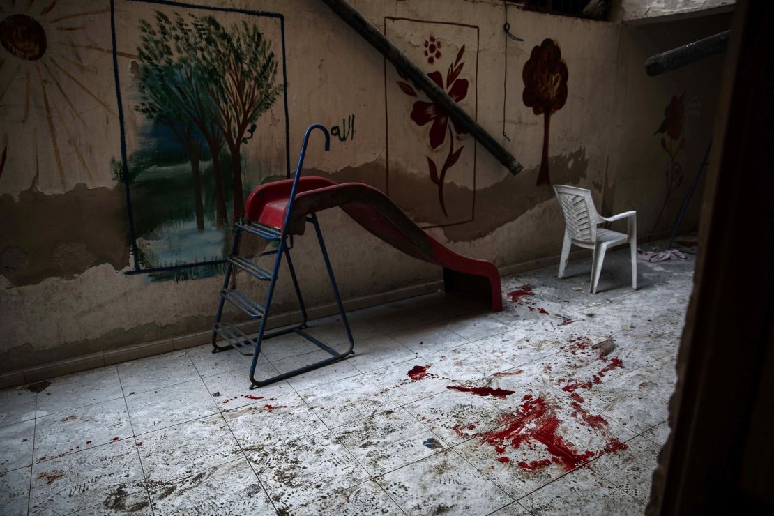 The blood stained floor of a kindergarten following reported shelling in Harasta, on the northeastern outskirts of the capital Damascus, on November 6, 2016.