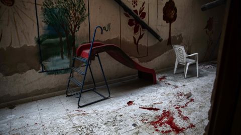 The blood stained floor of a kindergarten following reported shelling in Harasta, on the northeastern outskirts of the capital Damascus, on November 6, 2016.