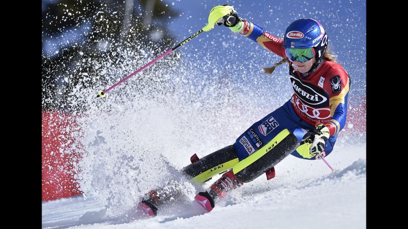 American skier Mikaela Shiffrin competes in the slalom at the World Cup event in Squaw Valley, California, on Saturday, March 11. Shiffrin won and clinched her fourth slalom title in five seasons.