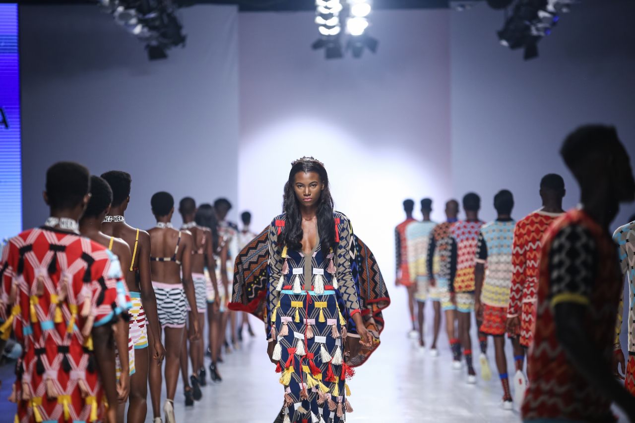 Platforms such as OXOSI, Dress Me Outlet and ONYCHEK say they aim to make African fashion global.  <br /><br />Pictured: South Africa's Laduma Ngxokolo's collection, the 31-year-old designer behind MaXhosa, at Lagos Fashion & Design Week 2016. 