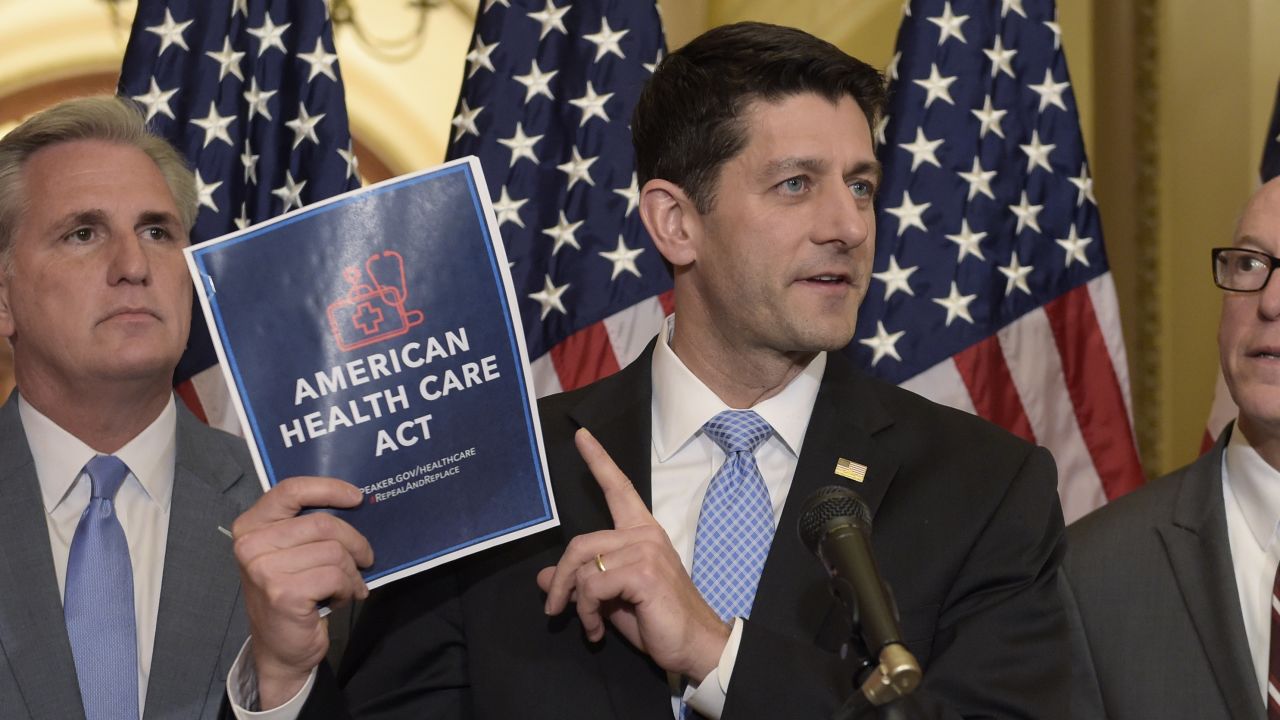 House Speaker Paul Ryan of Wis., center, standing with Energy and Commerce Committee Chairman Greg Walden, R-Ore., right, and House Majority Whip Kevin McCarthy, R-Calif., left, speaks during a news conference on the American Health Care Act on Capitol Hill in Washington, Tuesday, March 7, 2017. (AP Photo/Susan Walsh)