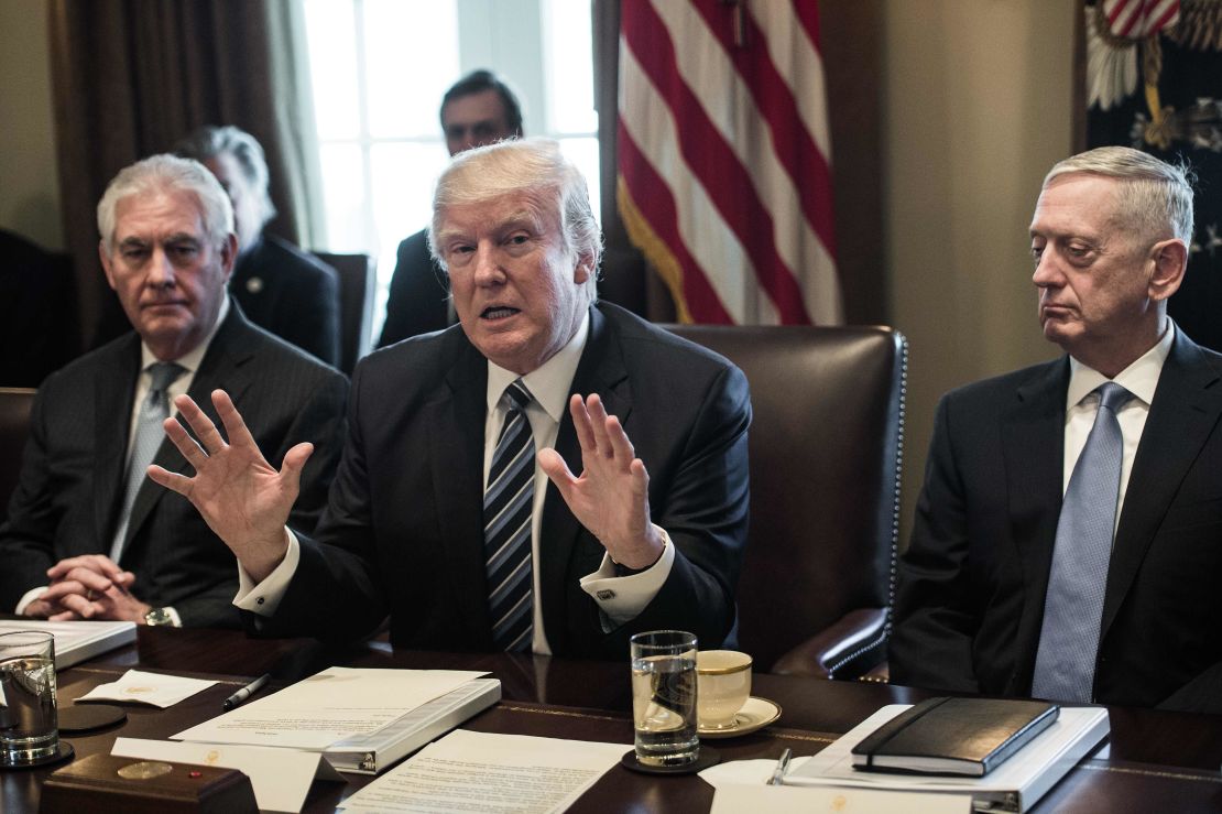 President Donald Trump speaks to the press with Secretary of State Rex Tillerson and Defense Secretary James Mattis at the White House on March 13, 2017.