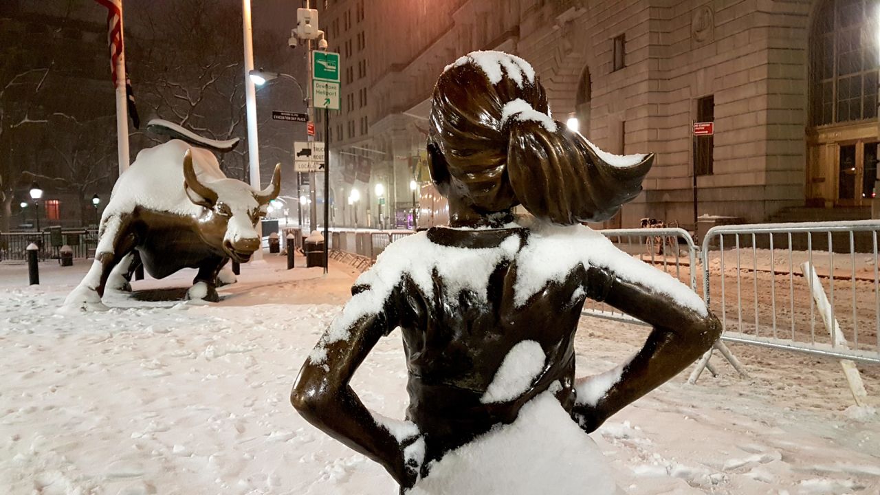 The "Fearless Girl" statue faces Wall Street's charging bull sculpture in New York.