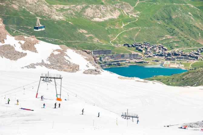 The Grande Motte glacier above Tignes hosts skiing and boarding up to 3,456 meters in summer, with the option of launching down ramps into the lake to perfect freestyle technique in the afternoon.  