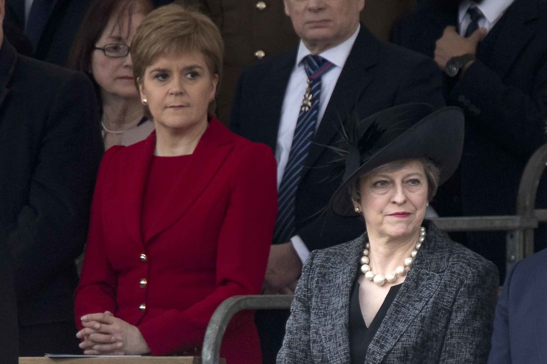 Sturgeon and May at a service honoring British armed forces earlier this month.
