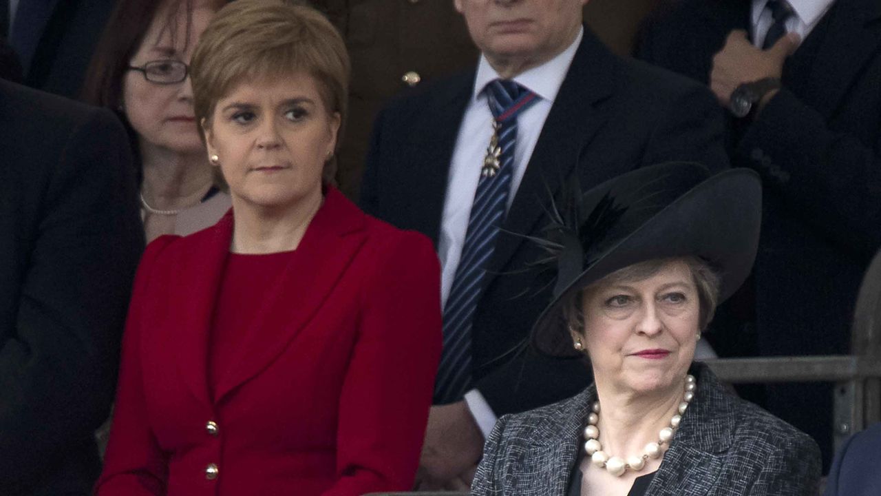 Sturgeon and May at a service honoring British armed forces earlier this month.