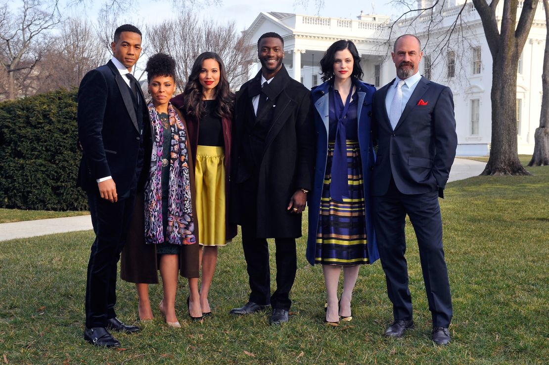 Alano Miller, Amirah Vann, Jurnee Smollett-Bell, Aldis Hodge, Jessica de Gouw and Chris Meloni appear at a screening and panel discussion of WGN America's "Underground" at The White House on February 22, 2016 in Washington, DC.