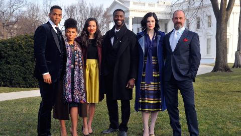 Alano Miller, Amirah Vann, Jurnee Smollett-Bell, Aldis Hodge, Jessica de Gouw and Chris Meloni appear at a screening and panel discussion of WGN America's "Underground" at The White House on February 22, 2016 in Washington, DC.