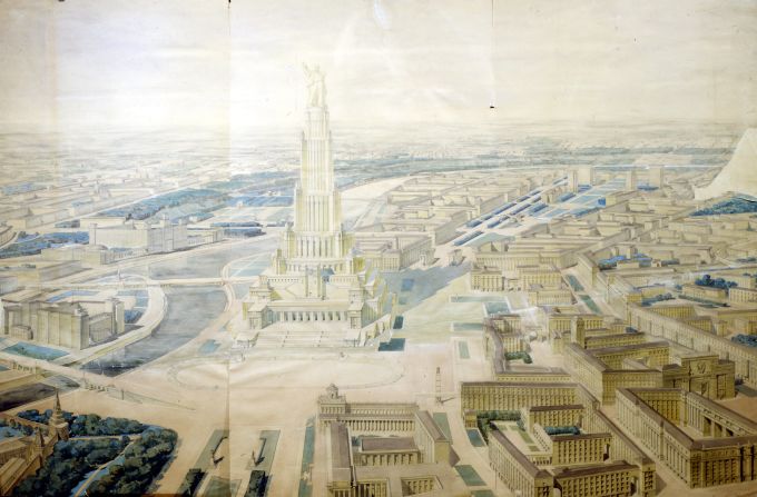 An illustration of the Palace of the Soviets, designed by architect Boris Iofan.