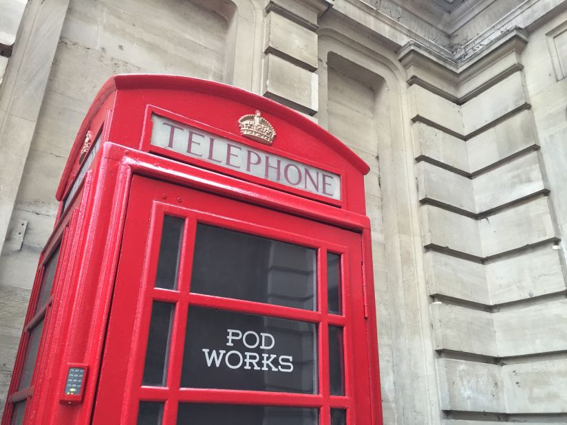 <strong>Mobile work:</strong> Pod Works repurposes telephone boxes as mini work stations for workers on the move. Booths have WiFi, a desk with a printer and scanner, a hot drinks machine and a universal plug adaptor. 