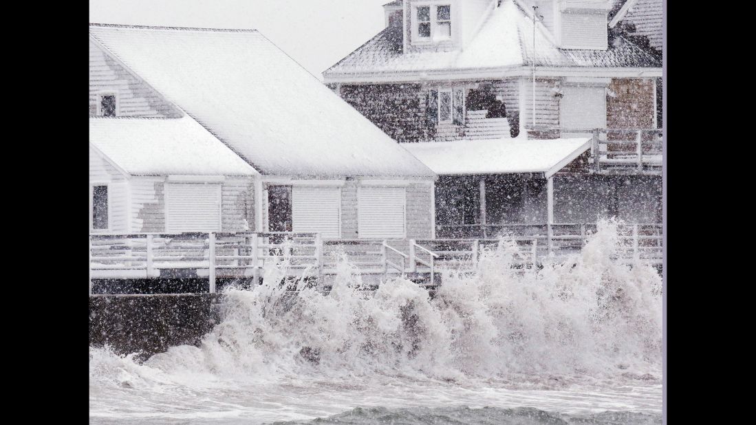 Waves pound the seawall in Scituate, Massachusetts, on March 14.